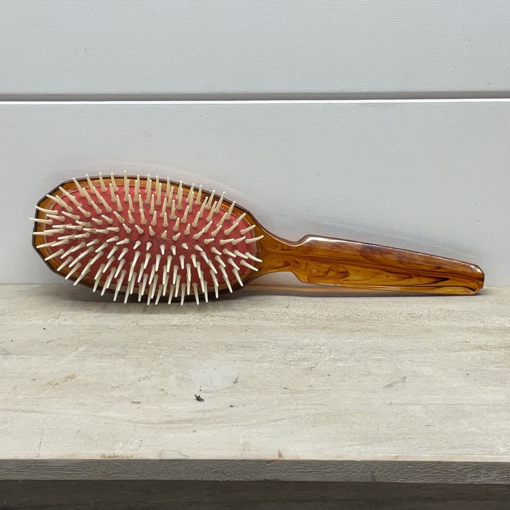 Vintage Faux Tortoiseshell Amber Swirl Cushioned Paddle Hair Brush Oval Retro